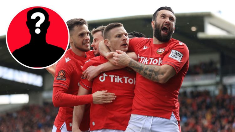 Image of Paul Mullin celebrates with Ollie Palmer after scoring their first goal during the Vanarama National League match between Wrexham and Nott...