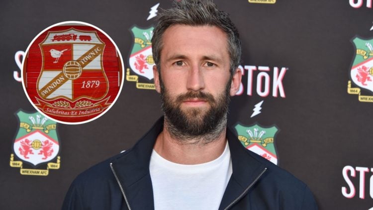 Image of Ollie Palmer at the "Welcome to Wrexham: Wrex Coast Tour", inset of A General View of the Swindon Town club badge