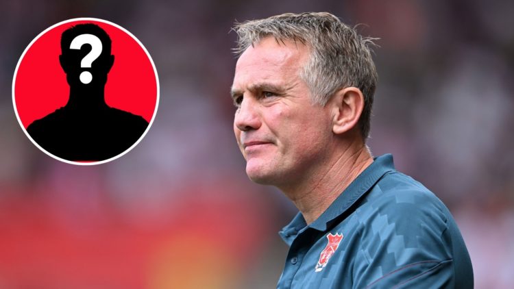 Image of Phil Parkinson, Manager of Wrexham looks on prior to the Sky Bet Championship match between Southampton and Wrexham, inset of a mystery pl...