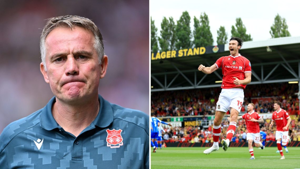 Split Image of Phil Parkinson, Manager of Wrexham looks on prior to the Sky Bet Championship match between Southampton and Wrexham, Kieffer Moore o...