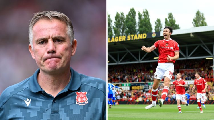 Split Image of Phil Parkinson, Manager of Wrexham looks on prior to the Sky Bet Championship match between Southampton and Wrexham, Kieffer Moore o...