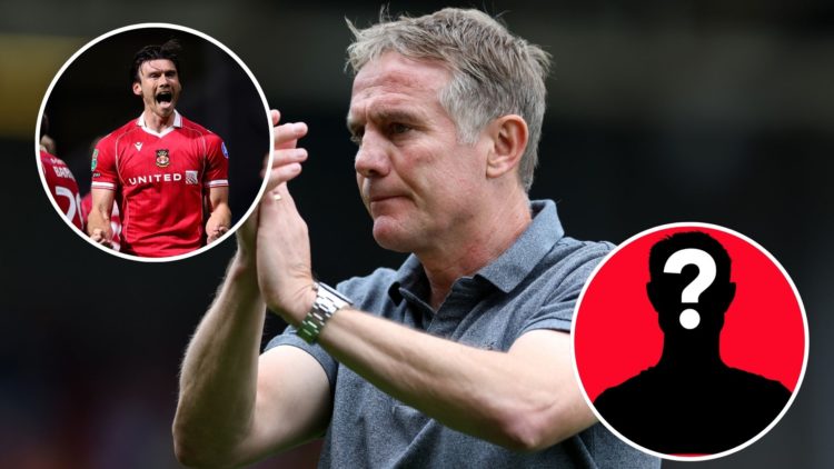 Image of Phil Parkinson, Manager of Wrexham applauds fans during the Sky Bet Championship match between Wrexham AFC and Sheffield Wednesday, insets...