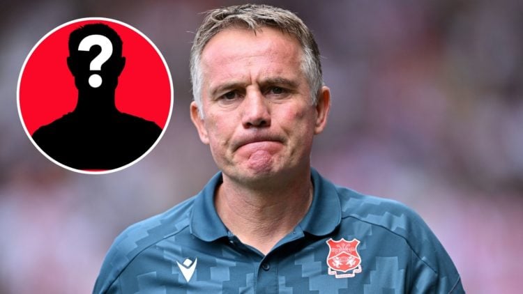 Image of Phil Parkinson, Manager of Wrexham looks on prior to the Sky Bet Championship match between Southampton and Wrexham, inset of a mystery pl...