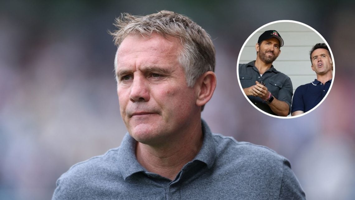 Image of Phil Parkinson Wrexham Manager during the Sky Bet Championship match between Millwall and Wrexham, inset of Ryan Reynolds, Owner of Wrexha...