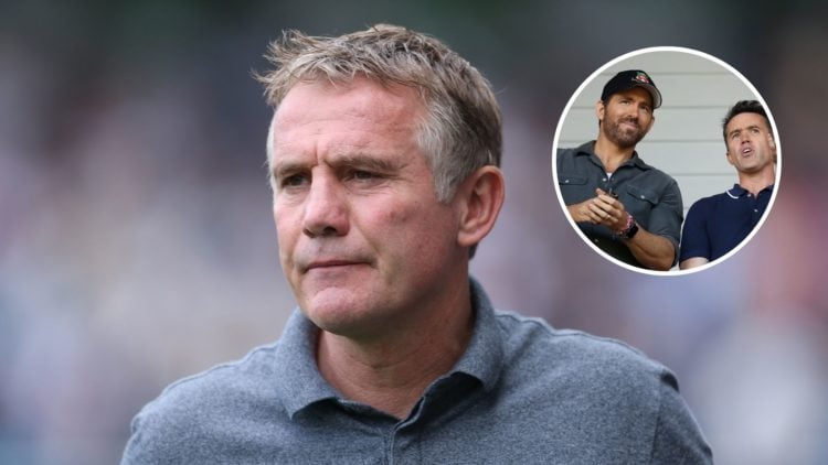 Image of Phil Parkinson Wrexham Manager during the Sky Bet Championship match between Millwall and Wrexham, inset of Ryan Reynolds, Owner of Wrexha...