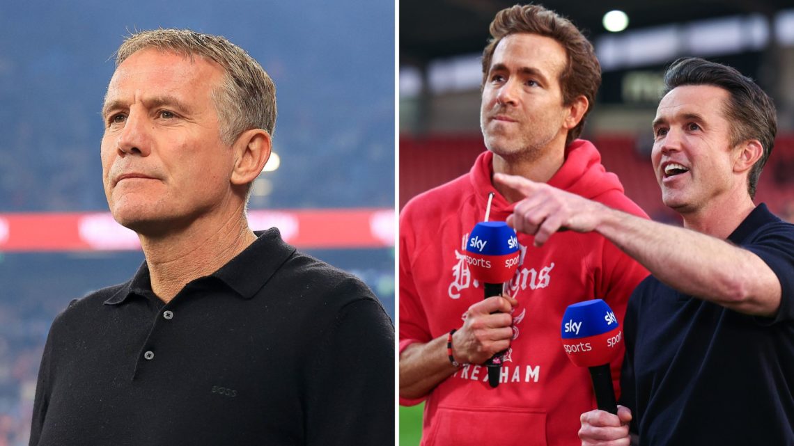 Split Image of Manager of Wrexham AFC, Phil Parkinson is seen during the match between Wrexham AFC and Sydney, Ryan Reynolds and Rob McElhenney co ...