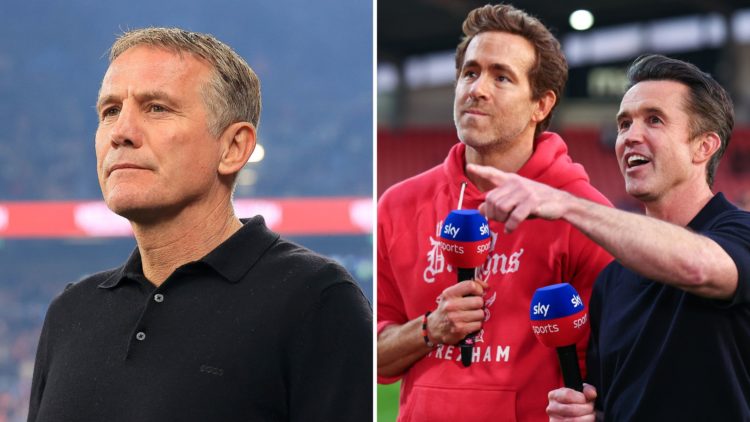 Split Image of Manager of Wrexham AFC, Phil Parkinson is seen during the match between Wrexham AFC and Sydney, Ryan Reynolds and Rob McElhenney co ...