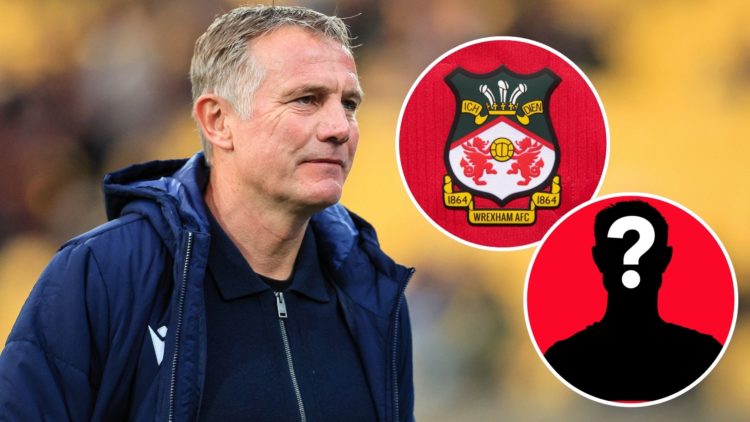 Image of Wrexham boss Phil Parkinson looks on against Wellington Phoenix, insets of The official club badge of Wrexham AFC on a home shirt, a myste...