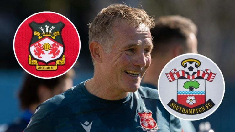 Image of Head Coach Phil Parkinson of Wrexham reacts during a Wrexham AFC training session at NSWRL Centre of Excellence, insets of The official cl...