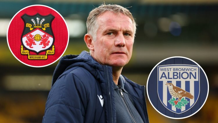 Image of Phil Parkinson of Wrexham AFC during the match between Wellington Phoenix and Wrexham, insets of The official club badge of Wrexham AFC on...