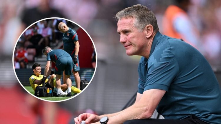 Image of Phil Parkinson sitting in the dugout and an inset of Kieffer Moore receiving treatment for an injury