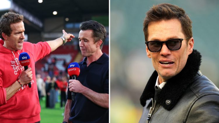 Split Image of Ryan Reynolds and Rob McElhenney co owners of Wrexham are interviewed by Sky Sports during the Sky Bet League One match between Wrex...