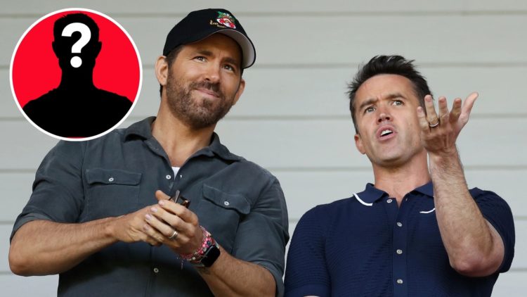 Image of Ryan Reynolds, Owner of Wrexham and Rob McElhenney, Actor and Co-Owner of Wrexham react prior to the Vanarama National League Play-Off Sem...