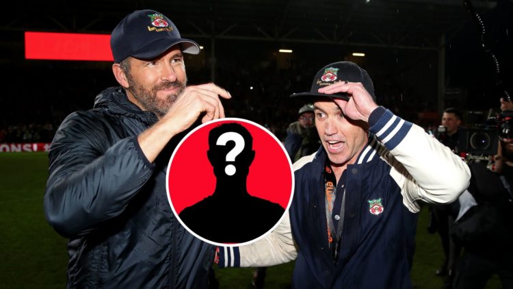 Image of Ryan Reynolds and Rob McElhenney, Owners of Wrexham embrace after Wrexham win the Vanarama National League, inset of, a mystery player