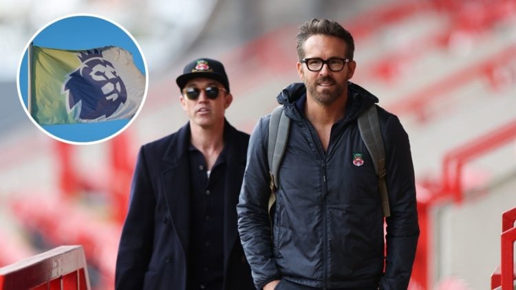 Image of Wrexham Football Club owners Rob McElhenney and Ryan Reynolds arrive ahead of the Vanarama National League match between Wrexham and Boreh...