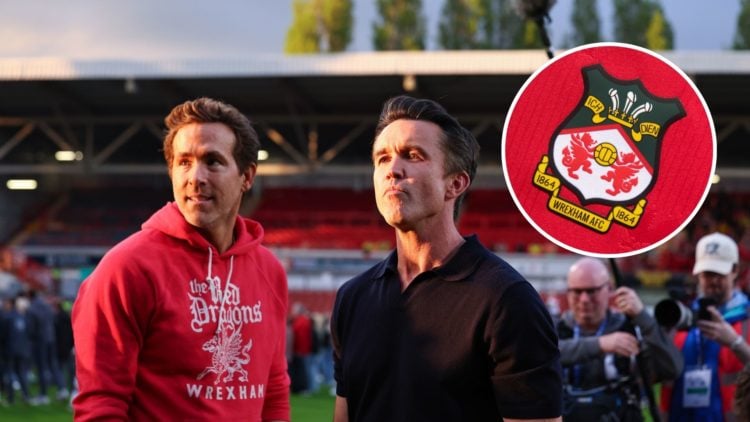 Image of Ryan Reynolds and Rob McElhenney co owners of Wrexham during the Sky Bet League One match between Wrexham AFC and Charlton Athletic, inset...