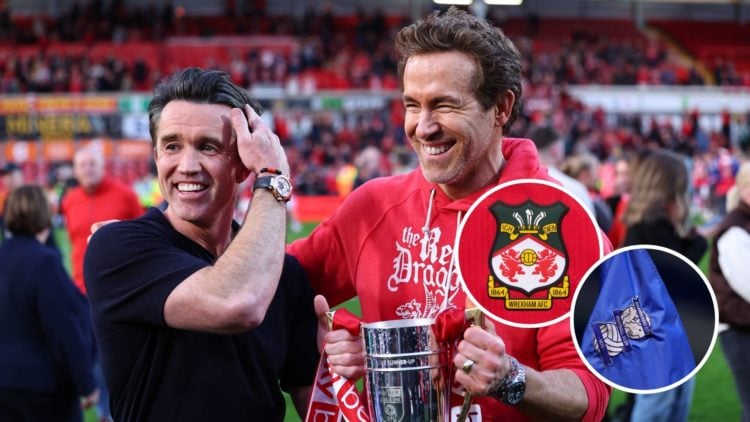 Image of Rob McElhenney and Ryan Reynolds co-owners of Wrexham with the promotion trophy during the Sky Bet League One match between Wrexham AFC an...