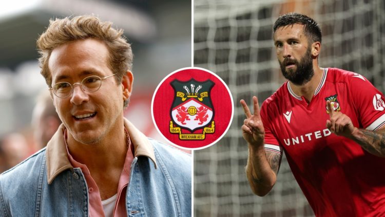 Split Image of Wrexham AFC co-owner Ryan Reynolds pictured on the pitch ahead of the Sky Bet Championship match between Wrexham AFC and West Bromwi...