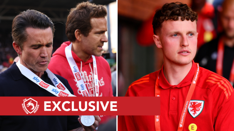 Split image of Wrexham owners Rob Mac and Ryan Reynolds (L) and Nathan Broadhead (R) with exclusive branding overlaid.