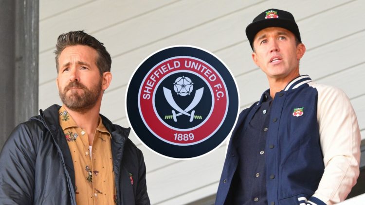 Wrexham owners, Ryan Reynolds (L) and Rob McElhenney (R), and inset of Sheffield United badge.