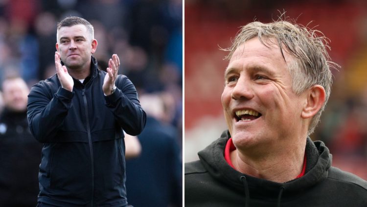 Split Image of Steven Schumacher applauds at full time during the Sky Bet League 1 match between Bolton Wanderers and Leyton Orient, Phil Parkinson...