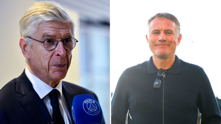 Split Image of Arsene Wenger talks with PSG Channel during Day 2 of the FIFA Club World Cup Trophy Tour, Phil Parkinson of Wrexham AFC looks on dur...