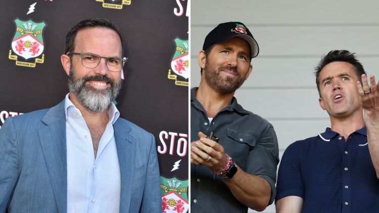 Split Image of Michael Williamson at the "Welcome to Wrexham: Wrex Coast Tour" with the Women's Wrexham A.F.C. Team, Ryan Reynolds, Owner of Wrexha...