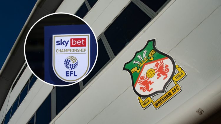 Image of The official club badge of Wrexham AFC displayed on the outside of the Racecourse Ground, inset of The official logo of the EFL Championship.