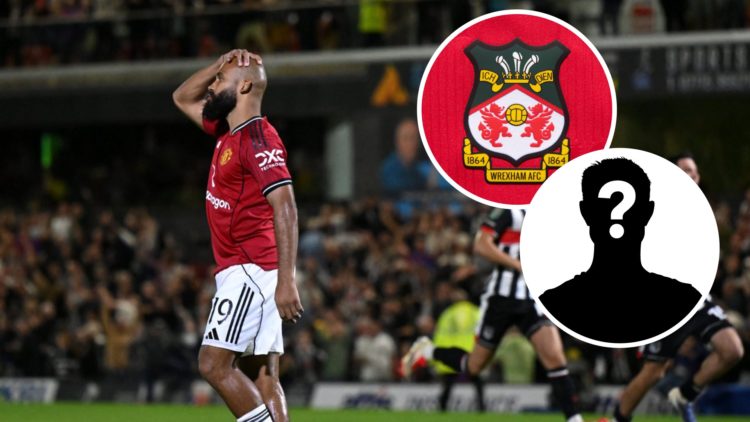 Manchester United's Bryan Mbeumo looks dejected after a missed penalty against Grimsby Town. Inset, a Wrexham badge and a mystery player icon.