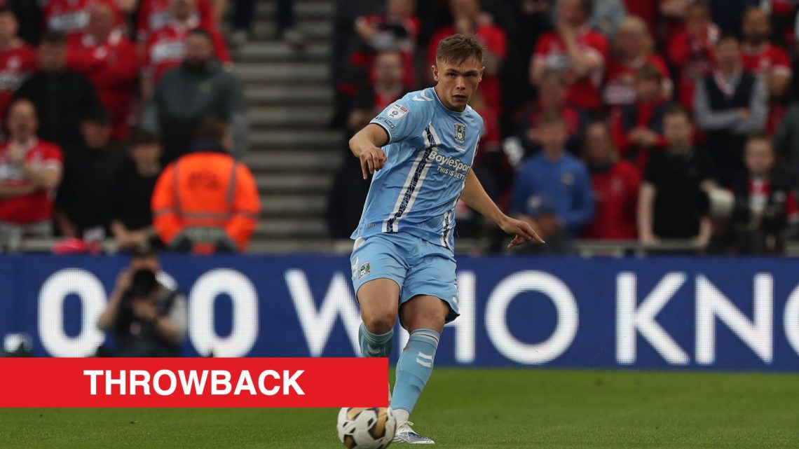 Callum Doyle in action for Coventry City. Inset, a red banner with 'throwback' in white text