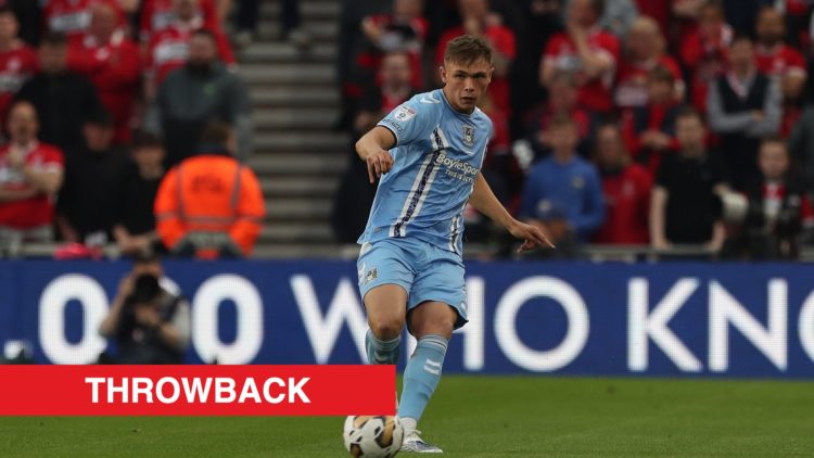 Callum Doyle in action for Coventry City. Inset, a red banner with 'throwback' in white text