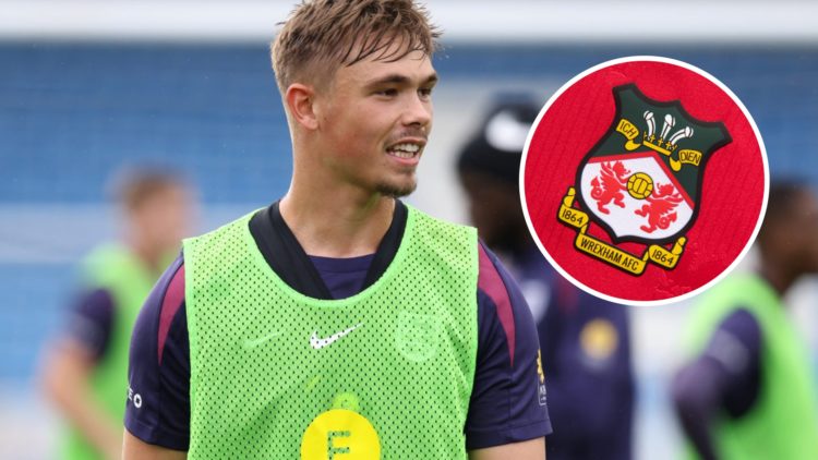 Callum Doyle playing for England-U21s. Inset, Wrexham badge.