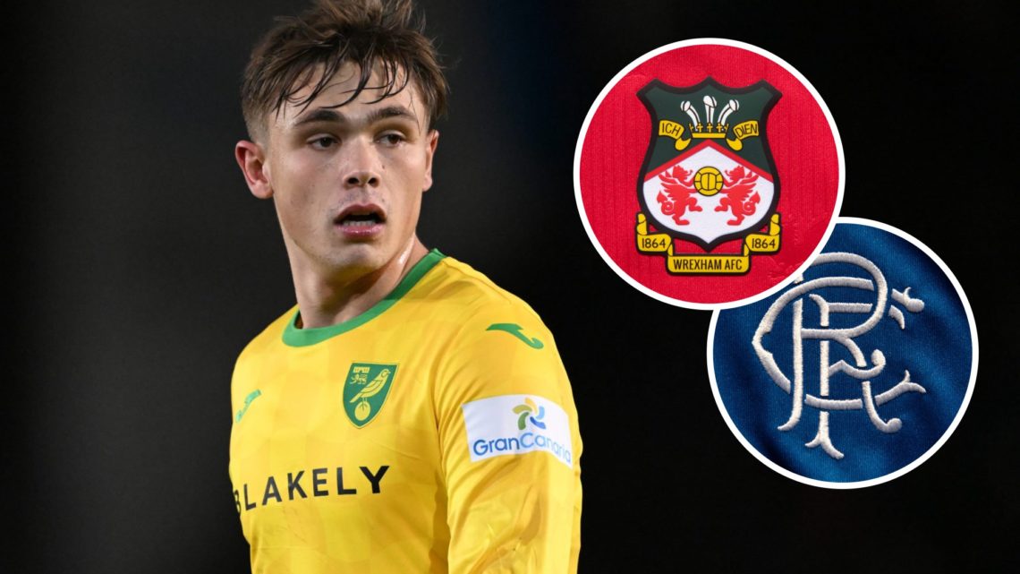 Callum Doyle in action for Norwich City. Inset, Wrexham and Rangers badges.