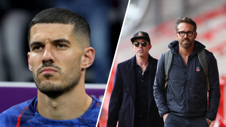 A split image of England defender Conor Coady (L) and Wrexham co-owners Rob McElhenney and Ryan Reynolds (R)z