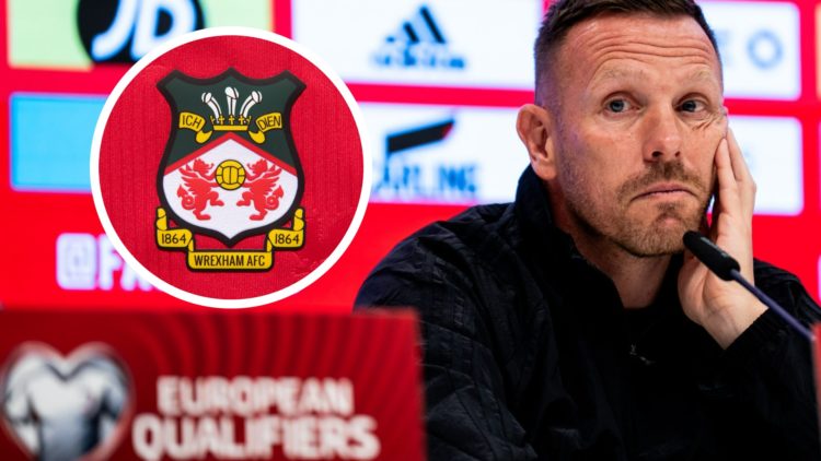 Wales manager Craig Bellamy during a press conference. Inset a picture of the official club badge of Wrexham AFC.