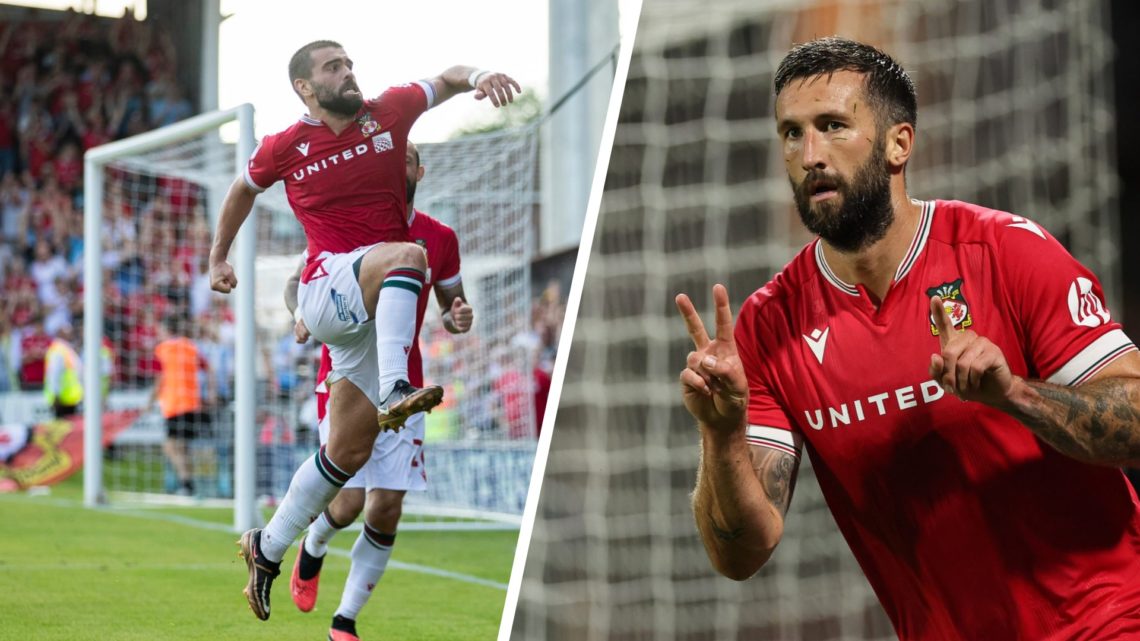 Elliot Lee of Wrexham AFC celebrates scoring (left), After missing a chance to score, Ollie Palmer of Wrexham signals the 2-1 score (right)