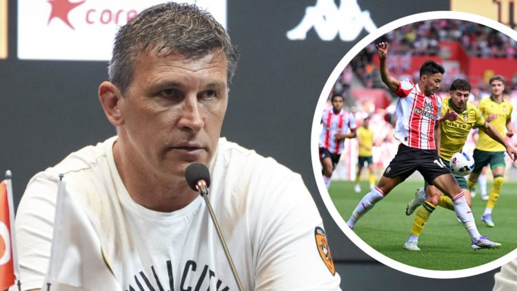 Hull City manager Sergej Jakirovic speaks during a press conference. Inset a picture of Wrexham and Southampton players battling for the ball.