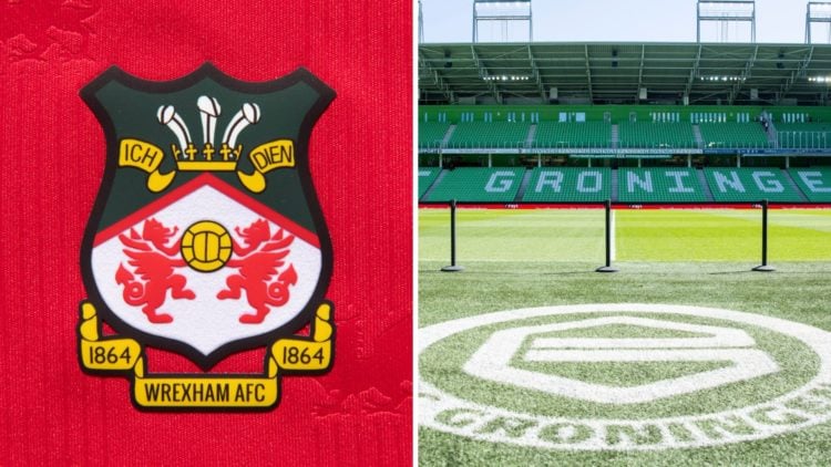 The official club badge of Wrexham AFC on a home shirt. A general view of FC Groningen's Euroborg stadium.