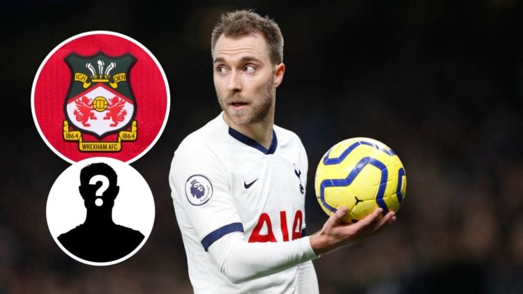 Former Spurs star Christian Eriksen. Inset, Wrexham badge, and mystery player graohic.
