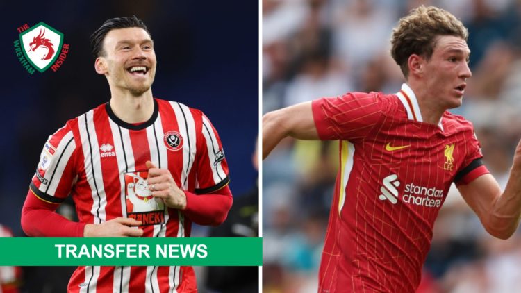 Split image of Kieffer Moore (L) and Lewis Koumas (R) with transfer banner overlaid.