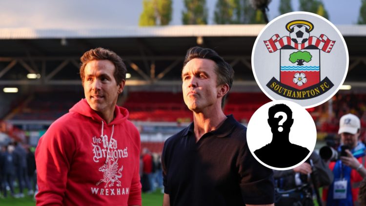 Wrexham owners Rob Mac and Ryan Reynolds. Inset, Southampton badge and mystery graphic.