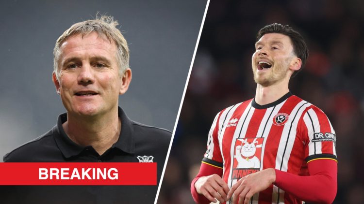 A split image of Wrexham boss Phil Parkinson (L) and Sheffield United striker Kieffer Moore (R)