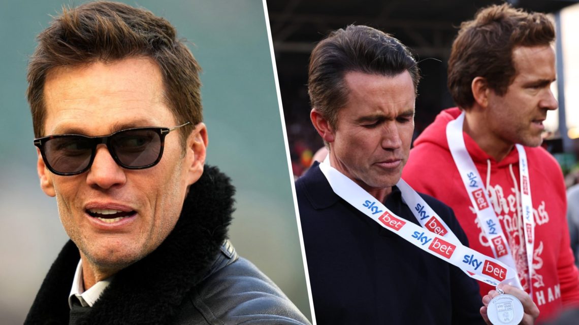 Split image of Birmingham City owner Tom Brady (L) and Wrexham owners Rob Mac and Ryan Reynolds (R)