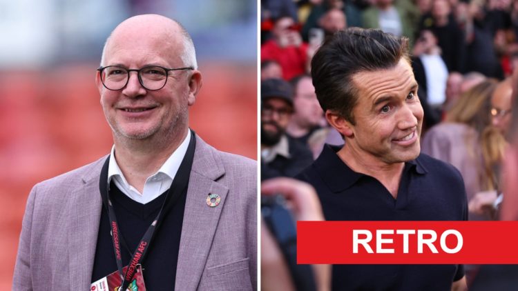 Split image of Shaun Harvey of Wrexham looking on, Rob McElhenney celebrates promotion following Wrexham's victory over Charlton Athletic