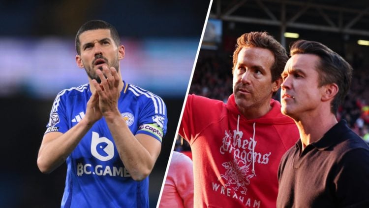 A split image of Leicester City defender Conor Coady (L) and Wrexham co-chairman Rob McElhenney and Ryan Reynolds (R)