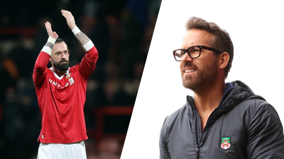 A split image of Wrexham striker Steven Fletcher (L) and Wrexham co-chairman Ryan Reynolds (R)