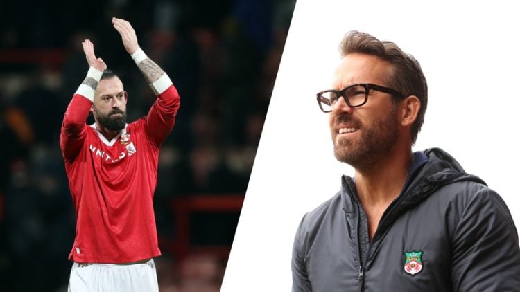 A split image of Wrexham striker Steven Fletcher (L) and Wrexham co-chairman Ryan Reynolds (R)