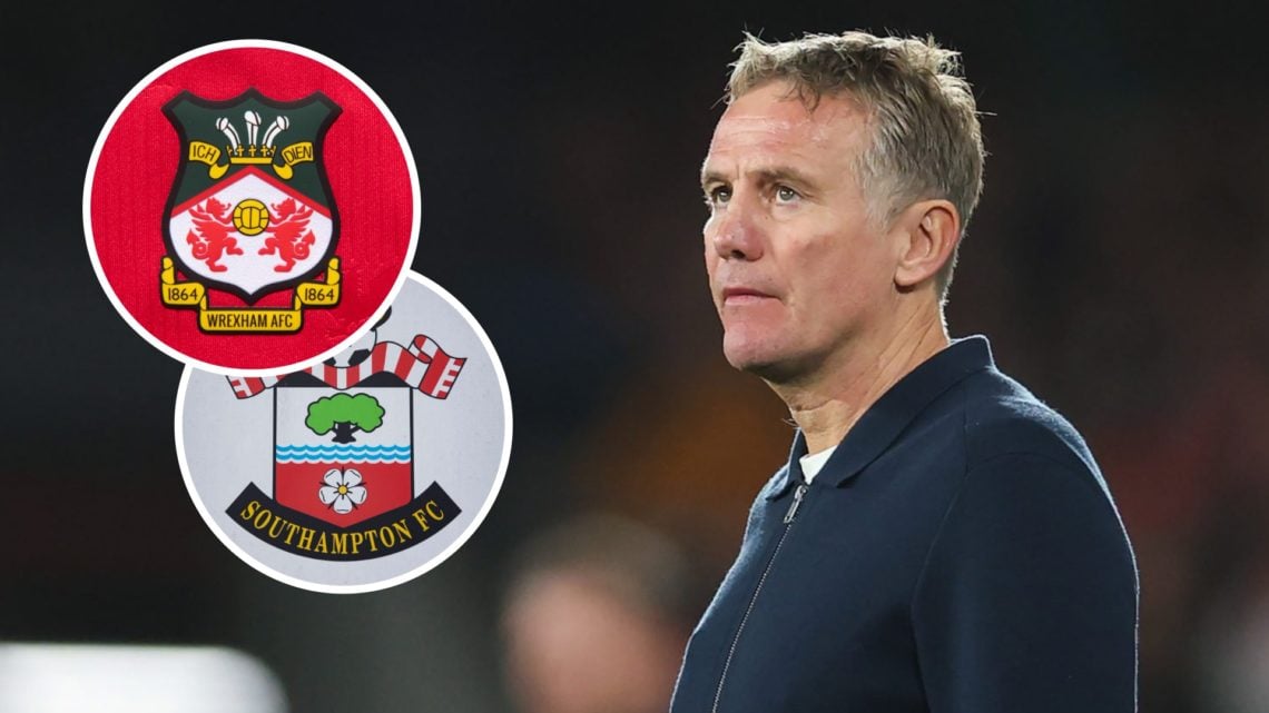 Phil Parkinson, Head Coach of Wrexham AFC. The official club badge of Wrexham AFC on a home shirt. Southampton badge spotted before Southampton v A...