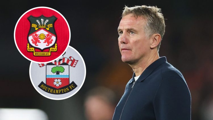 Phil Parkinson, Head Coach of Wrexham AFC. The official club badge of Wrexham AFC on a home shirt. Southampton badge spotted before Southampton v A...