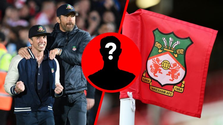 Rob McElhenney and Ryan Reynolds celebrate on the pitch after the English National League football match between Wrexham and Boreham Wood. A detail...
